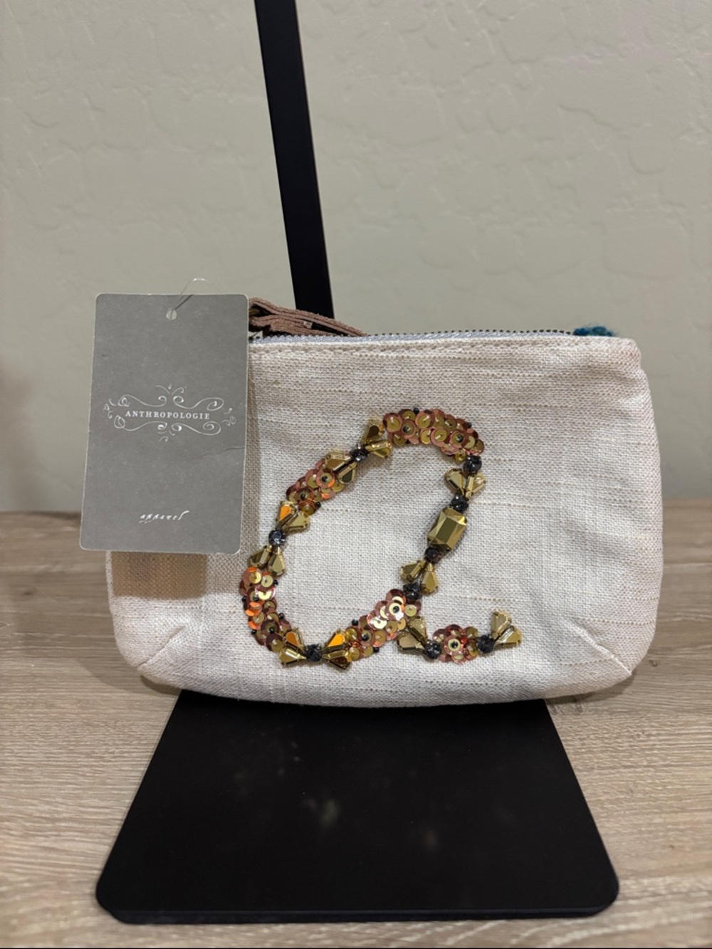 Anthropologie Cream Sequin Initial A Pouch